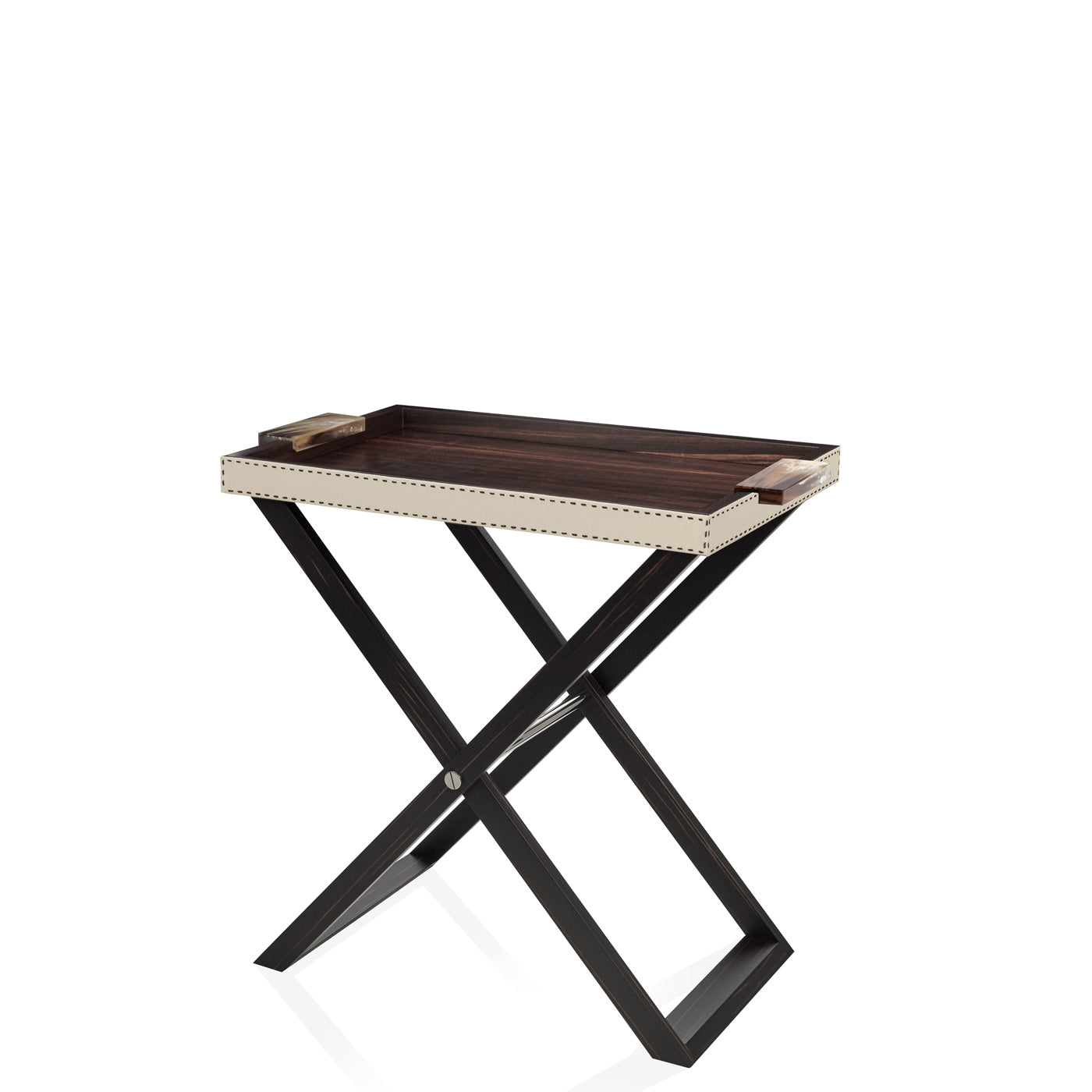 Arcahorn Lipari Butlers Serving Table | Matte Amara Ebony Veneer Tray | Aida Pebbled Leather in Ice Cream with Handmade Dark Brown Stitching | Glossy Horn Handles | Stainless Steel Detailing | Perfect for Yacht or Office Decor | Discover Luxury Home Accessories at 2Jour Concierge, #1 luxury high-end gift & lifestyle shop