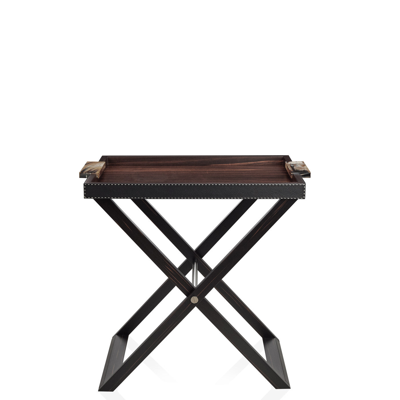 Arcahorn Lipari Butlers Serving Table | Matte Amara Ebony Veneer Tray | Aida Pebbled Leather in Onyx with Handmade Ivory Stitching | Glossy Horn Handles | Stainless Steel Detailing | Perfect for Yacht or Office Decor | Discover Luxury Home Accessories at 2Jour Concierge, #1 luxury high-end gift & lifestyle shop