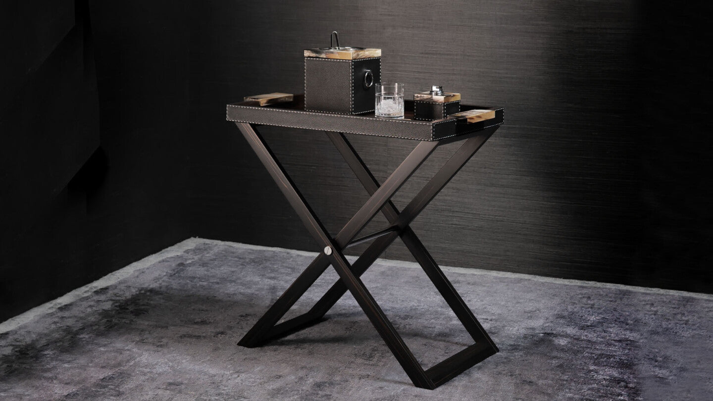 Arcahorn Lipari Butlers Serving Table | Matte Amara Ebony Veneer Tray | Aida Pebbled Leather in Onyx with Handmade Ivory Stitching | Glossy Horn Handles | Stainless Steel Detailing | Perfect for Yacht or Office Decor | Discover Luxury Home Accessories at 2Jour Concierge, #1 luxury high-end gift & lifestyle shop