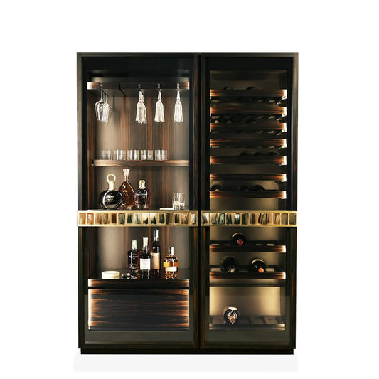 Arcahorn Manhattan Wine Cellar Cabinet | Matte Makassar Ebony Veneer | Burnished Brass Handles with Multifaceted Horn Gems | Backlit Interior in Ebony and Oak Veneer | Sliding Trays for Wine, Champagne, and Magnum Bottles | Multi-temperature Refrigeration System | Explore Luxury Home Accessories at 2Jour Concierge, #1 luxury high-end gift & lifestyle shop