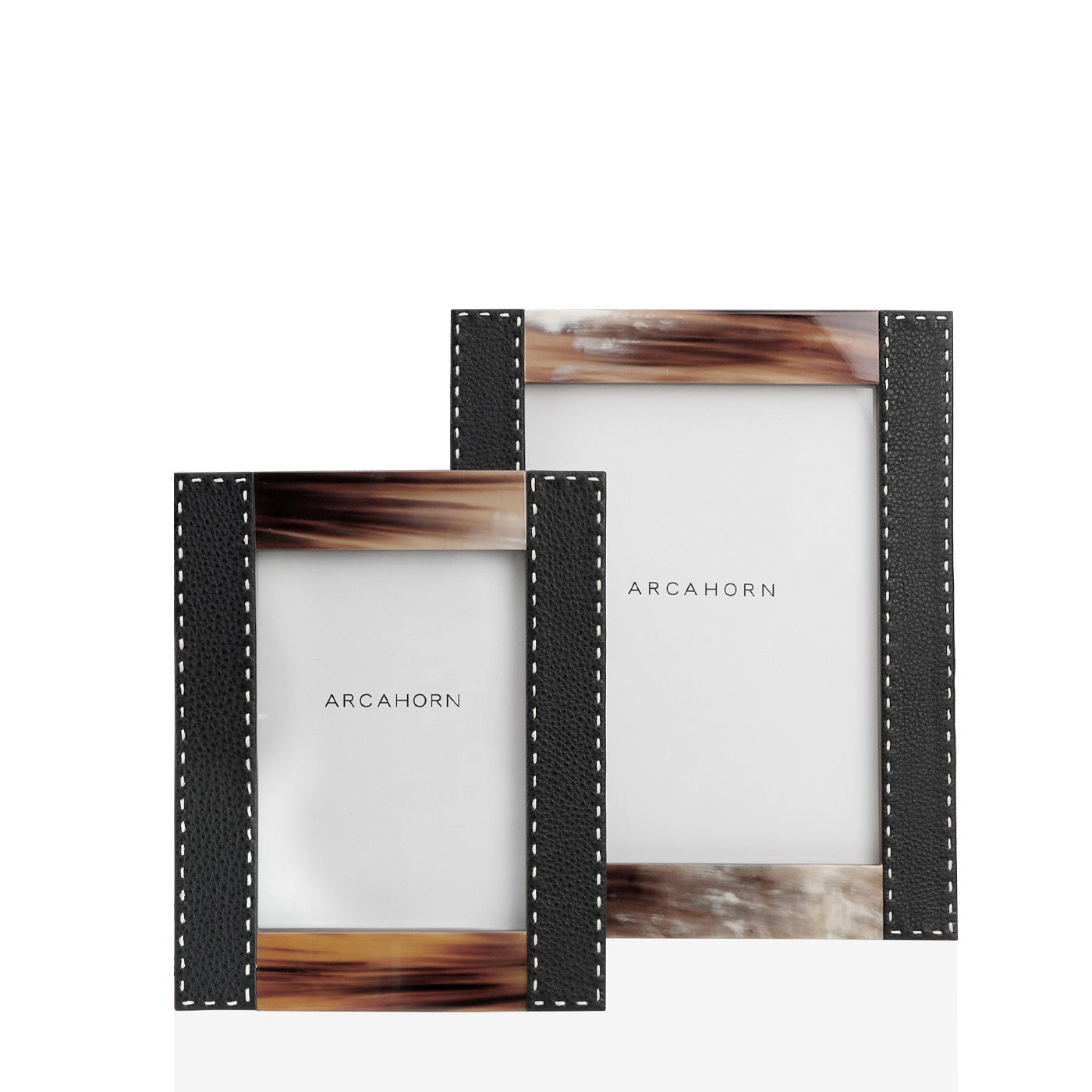 Arcahorn Dorotea Picture Frame | Glossy Horn and Aida Pebbled Leather in Onyx with Handmade Ivory Stitching | Matte Amara Ebony Veneer Rim and Back | Designed by Filippo Dini | Perfect for Yachts and Offices | Discover Luxury Home Accessories at 2Jour Concierge, #1 luxury high-end gift & lifestyle shop