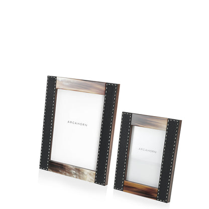 Arcahorn Dorotea Picture Frame | Glossy Horn and Aida Pebbled Leather in Onyx with Handmade Ivory Stitching | Matte Amara Ebony Veneer Rim and Back | Designed by Filippo Dini | Perfect for Yachts and Offices | Discover Luxury Home Accessories at 2Jour Concierge, #1 luxury high-end gift & lifestyle shop