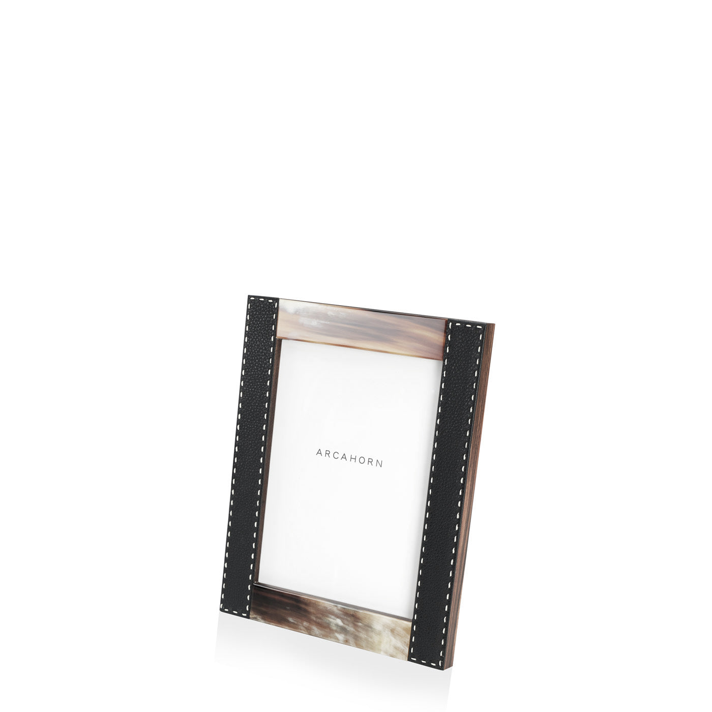 Arcahorn Dorotea Picture Frame | Glossy Horn and Aida Pebbled Leather in Onyx with Handmade Ivory Stitching | Matte Amara Ebony Veneer Rim and Back | Designed by Filippo Dini | Perfect for Yachts and Offices | Discover Luxury Home Accessories at 2Jour Concierge, #1 luxury high-end gift & lifestyle shop