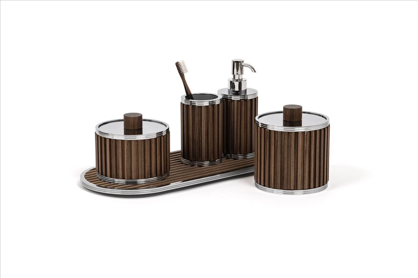 Pinetti | Woody Bathroom Set: Round bathroom accessories in wood with stainless steel or brass fittings in chrome, satin, or burnished finish — soap dispenser, toothbrush holder, boxes, bins, tray, and tissue box | The Bathroom | 2Jour Concierge, your luxury lifestyle shop | luxury bathroom set, Pinetti Woody, wood bathroom accessories, Italian bathroom collection, designer bathroom set, wood and metal bathroom