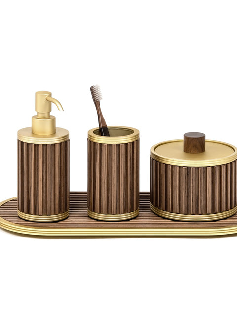 Pinetti | Woody Bathroom Set: Round bathroom accessories in wood with stainless steel or brass fittings in chrome, satin, or burnished finish — soap dispenser, toothbrush holder, boxes, bins, tray, and tissue box | The Bathroom | 2Jour Concierge, your luxury lifestyle shop | luxury bathroom set, Pinetti Woody, wood bathroom accessories, Italian bathroom collection, designer bathroom set, wood and metal bathroom