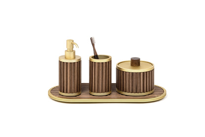 Pinetti | Woody Bathroom Set: Round bathroom accessories in wood with stainless steel or brass fittings in chrome, satin, or burnished finish — soap dispenser, toothbrush holder, boxes, bins, tray, and tissue box | The Bathroom | 2Jour Concierge, your luxury lifestyle shop | luxury bathroom set, Pinetti Woody, wood bathroom accessories, Italian bathroom collection, designer bathroom set, wood and metal bathroom