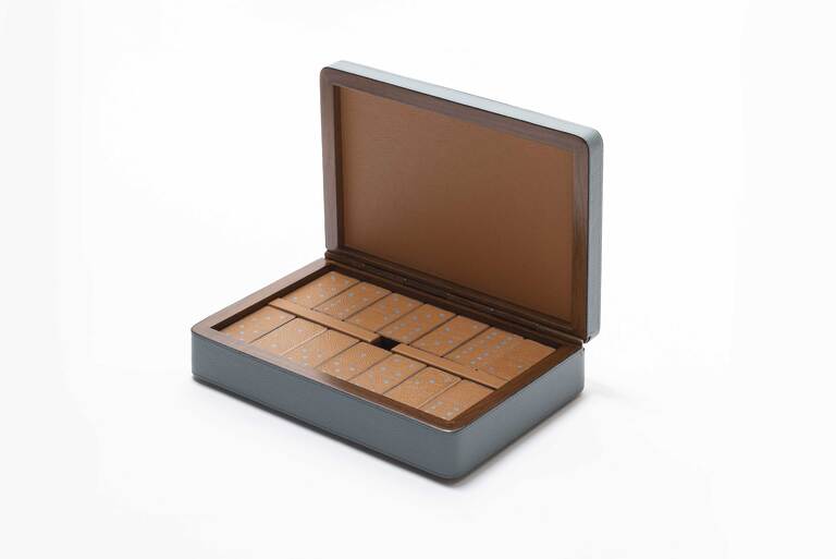 x Poltrona Frau Walnut Wood Domino Set in Leather-Covered Box