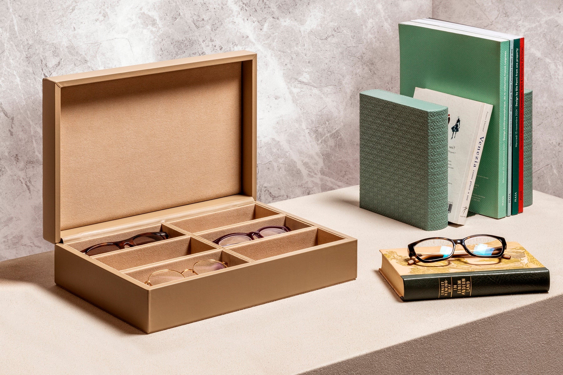 Giobagnara x Elie Saab Monogram Glasses Box | Leather glasses box with six spaces and suede lining | Features a hinged leather lid adorned with the Elie Saab Monogram pattern | Accessories | 2Jour Concierge, your luxury lifestyle shop

