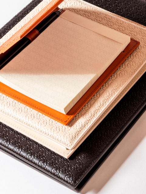 Giobagnara x Elie Saab Monogram Notepad Holder | Padded leather cover featuring the Elie Saab Monogram pattern and suede lining | Includes an elastic pencil holder with pen and a notepad with 70 ivory sheets | Available in small (A6), medium (A5), and large (A4) sizes | Office Accessories | 2Jour Concierge, your luxury lifestyle shop