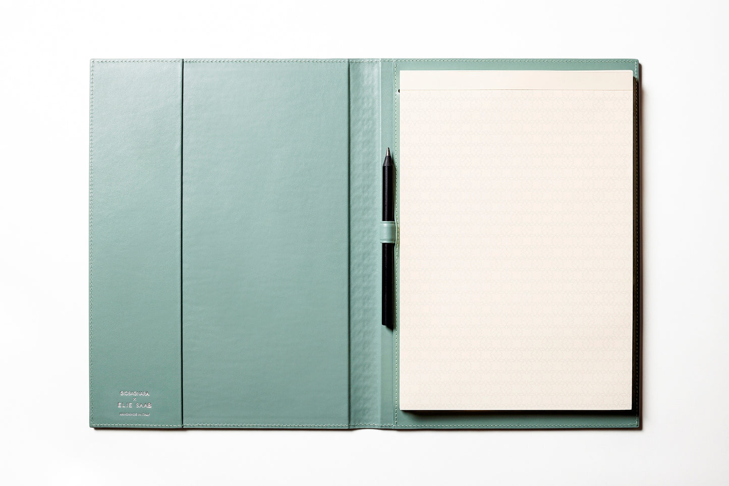 Giobagnara x Elie Saab Monogram Notepad Holder | Padded leather cover featuring the Elie Saab Monogram pattern and suede lining | Includes an elastic pencil holder with pen and a notepad with 70 ivory sheets | Available in small (A6), medium (A5), and large (A4) sizes | Office Accessories | 2Jour Concierge, your luxury lifestyle shop