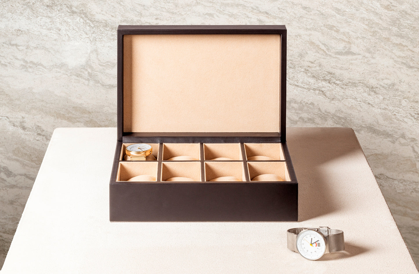 Giobagnara x Elie Saab Monogram Watches Box | Leather box with eight spaces and padded cushions for watches | Suede lining with a hinged leather lid showcasing the Elie Saab Monogram pattern | Accessories | 2Jour Concierge, your luxury lifestyle shop