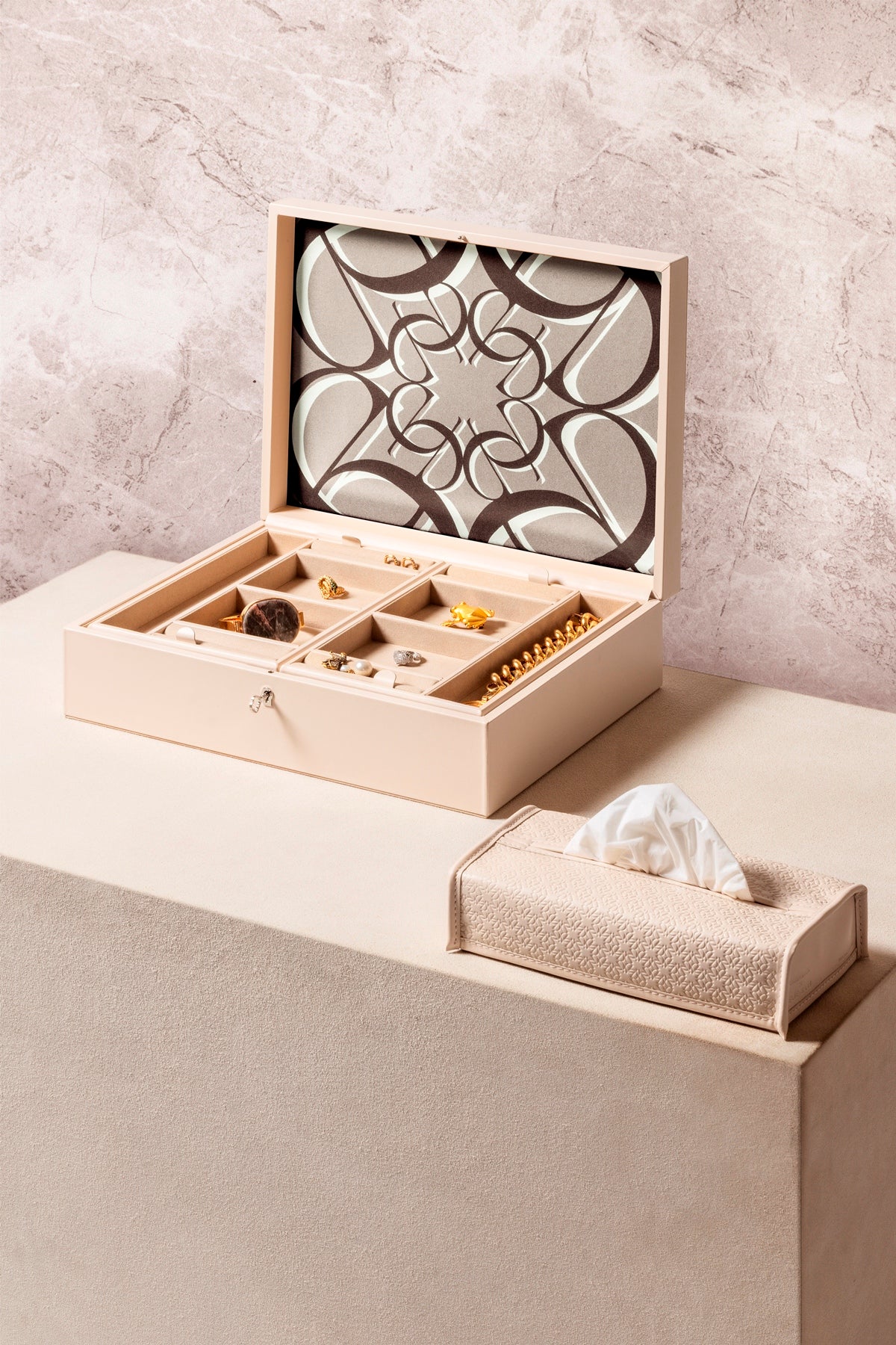 Giobagnara x Elie Saab Monogram Jewellery Box | Leather jewellery box with six spaces and suede lining | Hinged leather lid featuring the Elie Saab Monogram pattern | Accessories | 2Jour Concierge, your luxury lifestyle shop