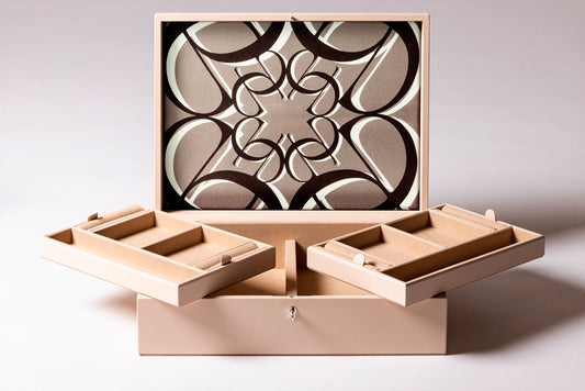 Giobagnara x Elie Saab Monogram Jewellery Box | Leather jewellery box with six spaces and suede lining | Hinged leather lid featuring the Elie Saab Monogram pattern | Accessories | 2Jour Concierge, your luxury lifestyle shop