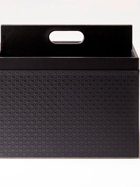 Giobagnara x Elie Saab Monogram Magazine Holder | Leather magazine holder with the ELIE SAAB Monogram pattern on two sides and varnished wood lining | Features a central divider with handle for easy organization | Home Decor and Storage | 2Jour Concierge, your luxury lifestyle shop