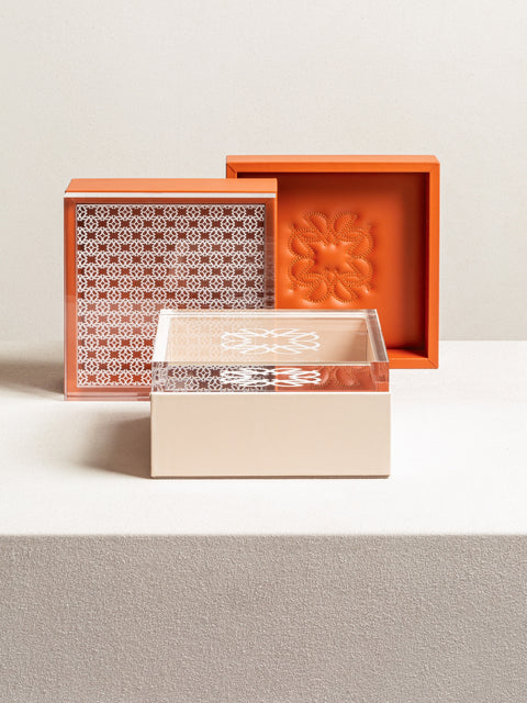 x Elie Saab Ecusson Leather Monogram Trinket Box Square w Carved Acrylic Lid