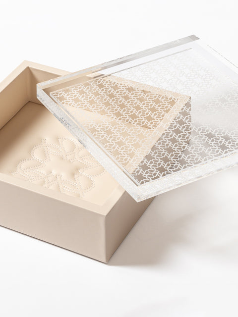 x Elie Saab Monogram Leather Trinket Box Square w Carved Acrylic Lid