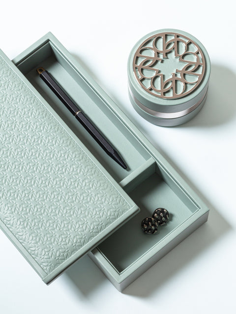 Monogram Desk Set by Giobagnara x Elie Saab. Trinket Box Rectangular | Leather box with Elie Saab Monogram pattern | Polished palladium accents | Sophisticated storage for small items | Home Decor and Office Accessories
