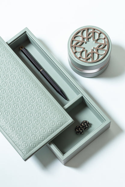 Monogram Desk Set by Giobagnara x Elie Saab. Trinket Box Rectangular | Leather box with Elie Saab Monogram pattern | Polished palladium accents | Sophisticated storage for small items | Home Decor and Office Accessories