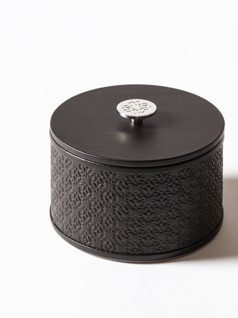 Giobagnara x Elie Saab Monogram Trinket Box Round | Round leather box with padded finish featuring the exclusive Elie Saab Monogram pattern | Carved detail in polished palladium on the lid | Elegant and luxurious storage solution | Home Decor and Accessories | 2Jour Concierge, your luxury lifestyle shop