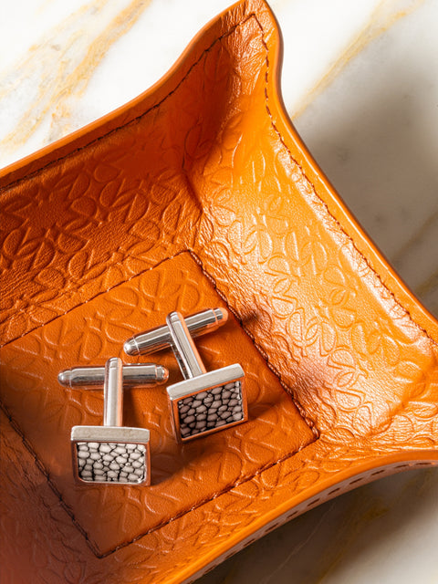 Giobagnara x Elie Saab Monogram Valet Tray | Leather lining with Elie Saab Monogram pattern | Metal structure with rigid core and bendable sides | Available in square and rectangular shapes | Luxurious and functional design | Home Decor and Accessories | 2Jour Concierge, your luxury lifestyle shop