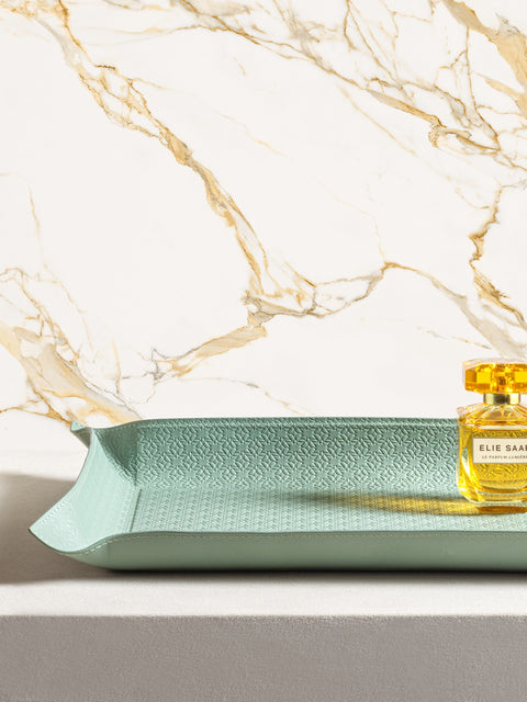 Giobagnara x Elie Saab Monogram Valet Tray | Leather lining with Elie Saab Monogram pattern | Metal structure with rigid core and bendable sides | Available in square and rectangular shapes | Luxurious and functional design | Home Decor and Accessories | 2Jour Concierge, your luxury lifestyle shop