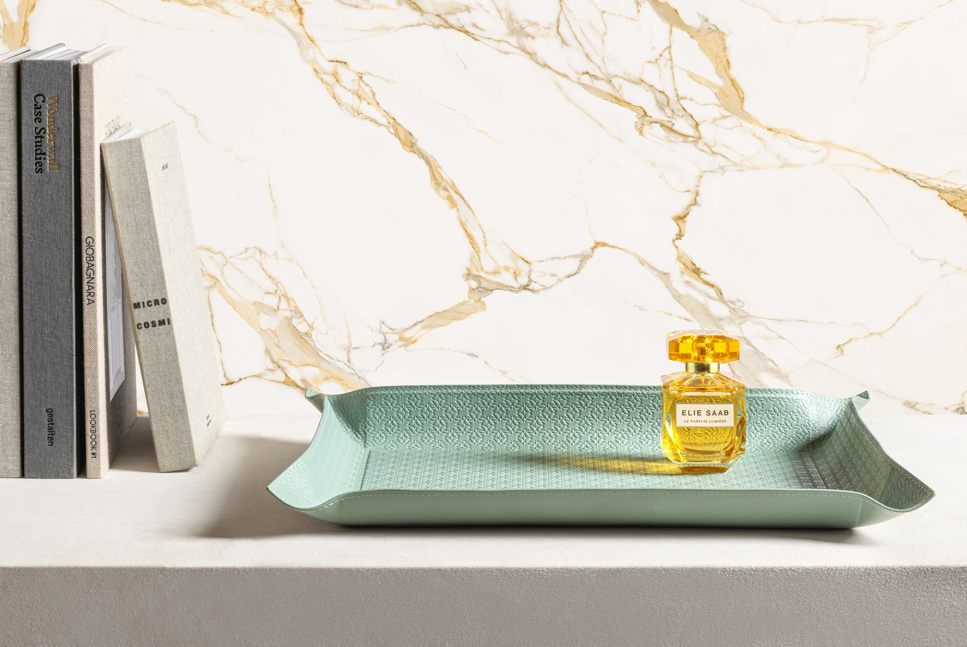 Giobagnara x Elie Saab Monogram Valet Tray | Leather lining with Elie Saab Monogram pattern | Metal structure with rigid core and bendable sides | Available in square and rectangular shapes | Luxurious and functional design | Home Decor and Accessories | 2Jour Concierge, your luxury lifestyle shop