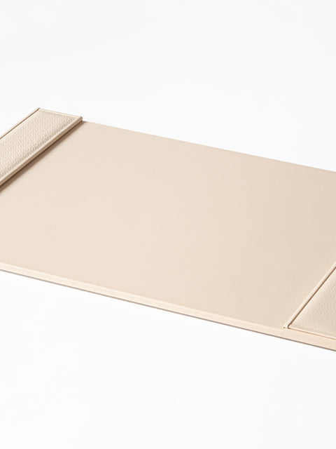 Monogram Desk Set by Giobagnara x Elie Saab. Desk Blotter | Leather insert with Elie Saab Monogram pattern | Polished palladium details | Elegant and functional for protecting your desk surface | Home Decor and Office Accessories