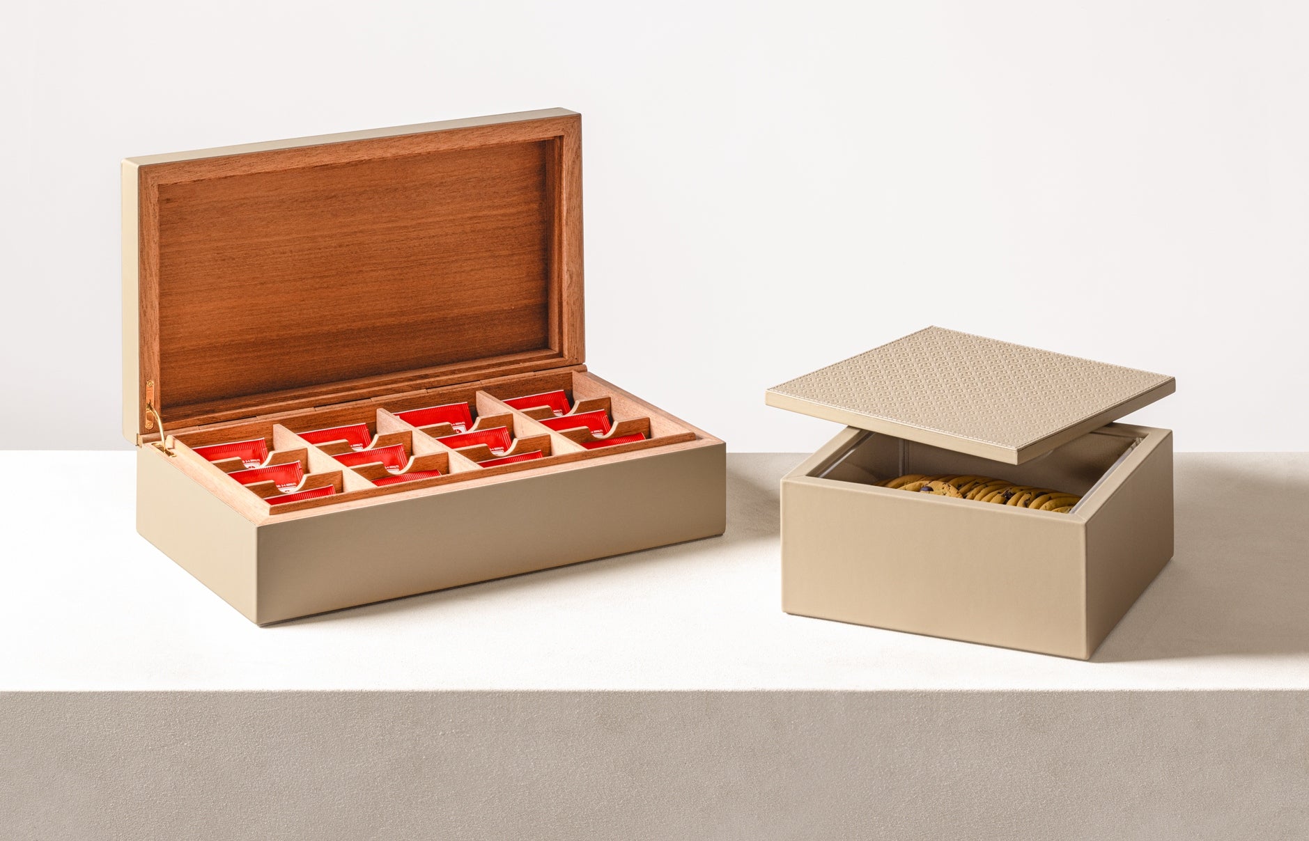 Giobagnara x Elie Saab Monogram Tea Box | Leather box with Elie Saab Monogram pattern on the hinged lid | Aged cedar lining with 12 compartments and removable dividers | Elegant and functional for tea storage | Home Decor and Accessories | 2Jour Concierge, your luxury lifestyle shop
