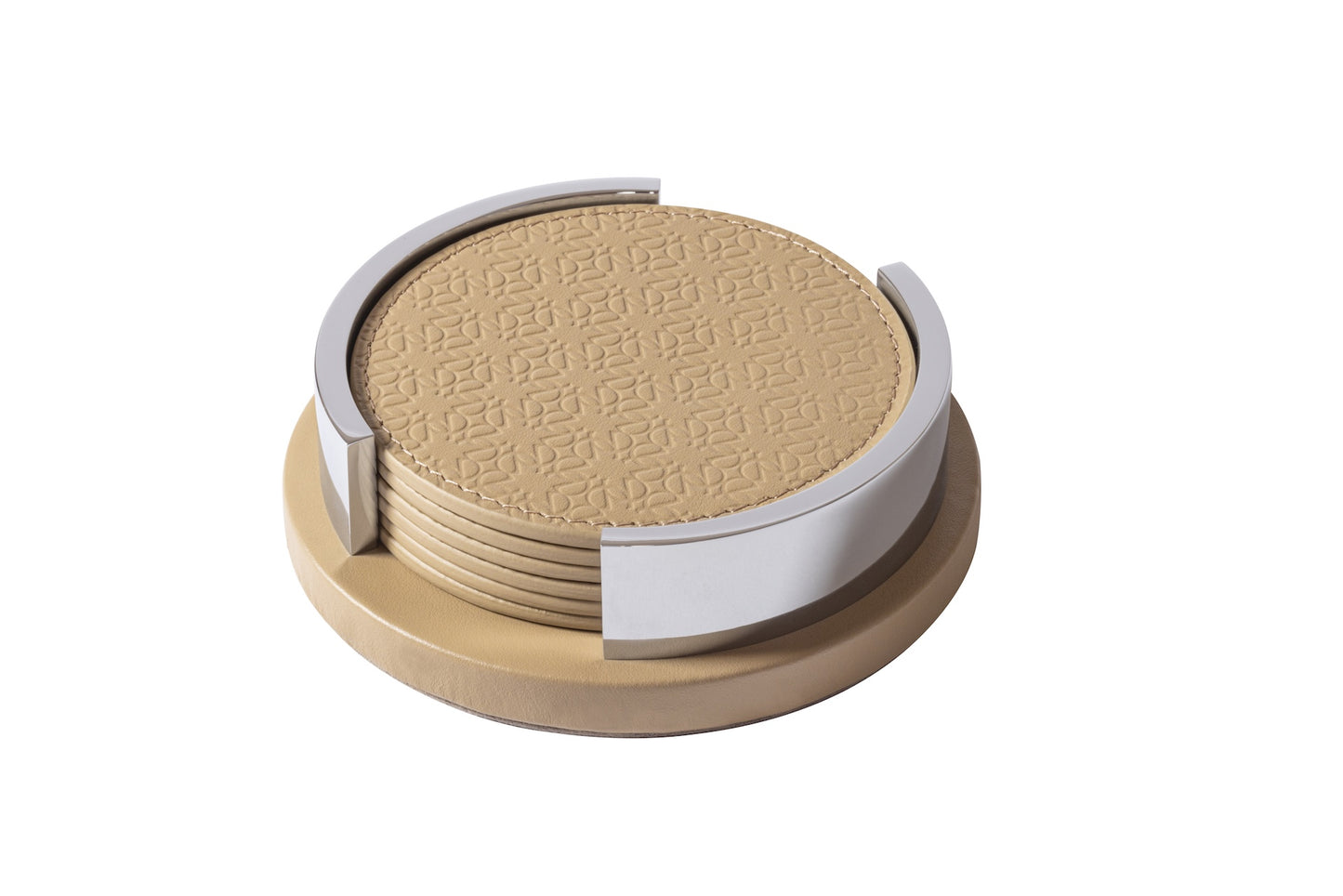 Giobagnara x Elie Saab Monogram Coaster Holder with 6 Coasters | Leather coaster holder with polished palladium details | Includes 6 round coasters featuring the Elie Saab Monogram pattern | Elegant and practical design for stylish table settings | Home Decor and Serveware | 2Jour Concierge, your luxury lifestyle shop