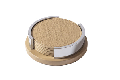 Giobagnara x Elie Saab Monogram Coaster Holder with 6 Coasters | Leather coaster holder with polished palladium details | Includes 6 round coasters featuring the Elie Saab Monogram pattern | Elegant and practical design for stylish table settings | Home Decor and Serveware | 2Jour Concierge, your luxury lifestyle shop