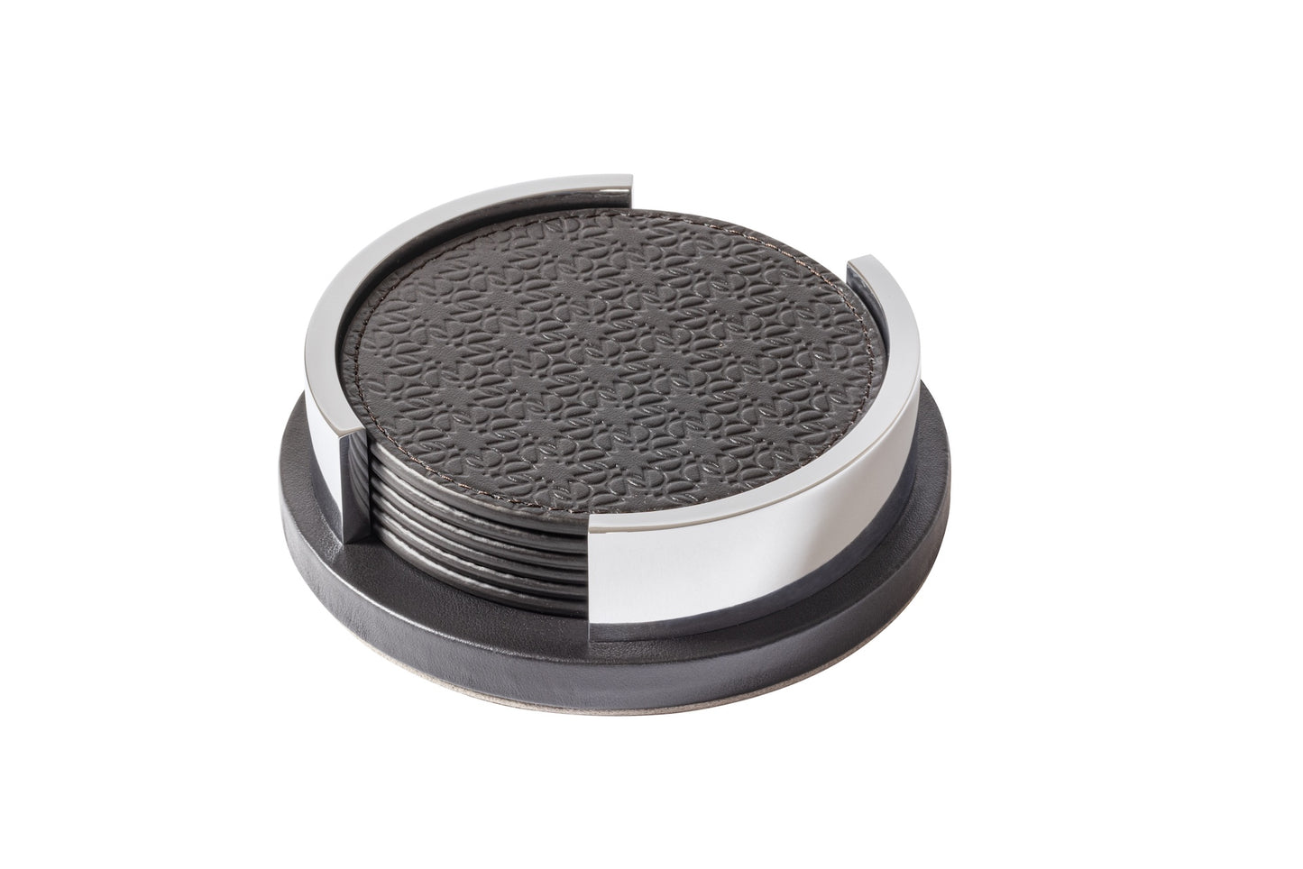 Giobagnara x Elie Saab Monogram Coaster Holder with 6 Coasters | Leather coaster holder with polished palladium details | Includes 6 round coasters featuring the Elie Saab Monogram pattern | Elegant and practical design for stylish table settings | Home Decor and Serveware | 2Jour Concierge, your luxury lifestyle shop