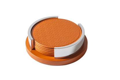 Giobagnara x Elie Saab Monogram Coaster Holder with 6 Coasters | Leather coaster holder with polished palladium details | Includes 6 round coasters featuring the Elie Saab Monogram pattern | Elegant and practical design for stylish table settings | Home Decor and Serveware | 2Jour Concierge, your luxury lifestyle shop