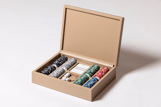 Giobagnara x Elie Saab Monogram Poker Game Set | Leather box with a hinged leather lid featuring the Elie Saab Monogram pattern | Includes a deck of high-quality playing cards and ceramic poker chips with five denominations | Games and Entertainment | 2Jour Concierge, your luxury lifestyle shop