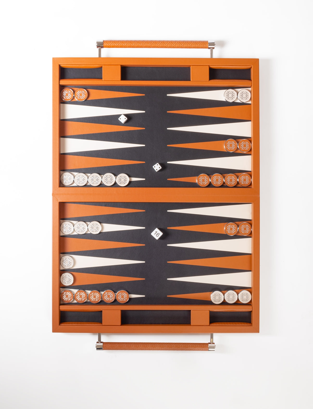Giobagnara x Elie Saab Monogram Backgammon Case With Handles | Leather-covered case featuring the Elie Saab monogram pattern and inlaid leather playing field | Inner dividers hold two sets of polished palladium backgammon checkers with leather inserts and shiny silver debossed decorations | Includes 4 dice and a doubling cube | Stylish and sophisticated game case | Home Decor and Games | 2Jour Concierge, your luxury lifestyle shop