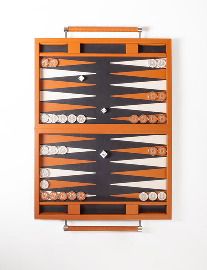 Giobagnara x Elie Saab Monogram Backgammon Case With Handles | Leather-covered case featuring the Elie Saab monogram pattern and inlaid leather playing field | Inner dividers hold two sets of polished palladium backgammon checkers with leather inserts and shiny silver debossed decorations | Includes 4 dice and a doubling cube | Stylish and sophisticated game case | Home Decor and Games | 2Jour Concierge, your luxury lifestyle shop