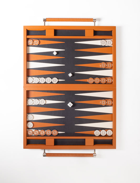 Giobagnara x Elie Saab Monogram Backgammon Case With Handles | Leather-covered case featuring the Elie Saab monogram pattern and inlaid leather playing field | Inner dividers hold two sets of polished palladium backgammon checkers with leather inserts and shiny silver debossed decorations | Includes 4 dice and a doubling cube | Stylish and sophisticated game case | Home Decor and Games | 2Jour Concierge, your luxury lifestyle shop