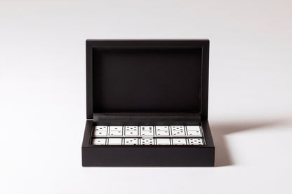 Giobagnara x Elie Saab Monogram Domino Game Set | Leather box with a hinged leather lid featuring the Elie Saab Monogram pattern | Equipped with highly resistant glossy plexiglass domino pieces | Games and Entertainment | 2Jour Concierge, your luxury lifestyle shop