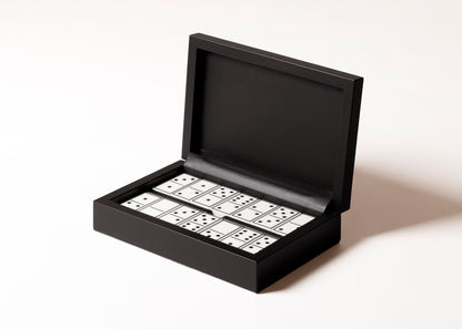 Giobagnara x Elie Saab Monogram Domino Game Set | Leather box with a hinged leather lid featuring the Elie Saab Monogram pattern | Equipped with highly resistant glossy plexiglass domino pieces | Games and Entertainment | 2Jour Concierge, your luxury lifestyle shop
