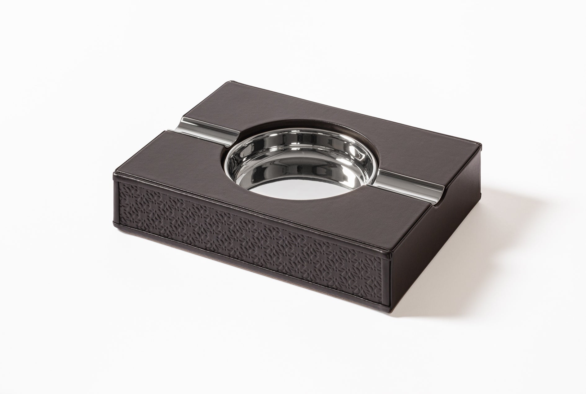 Giobagnara x Elie Saab Monogram Table Ashtray | Table ashtray with padded leather inserts featuring the Elie Saab Monogram pattern | Polished palladium details | Removable palladium plate for easy cleaning | Elegant and functional accessory | Home Decor and Accessories | 2Jour Concierge, your luxury lifestyle shop