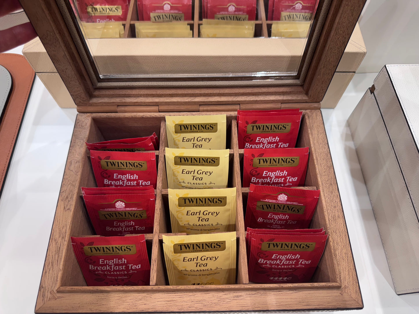 Leather-Covered Cedar Tea Box Organizer with Transparent Plexiglass Lid
