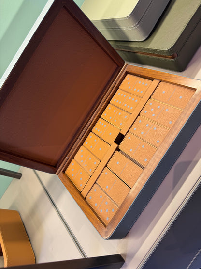 x Poltrona Frau Walnut Wood Domino Set in Leather-Covered Box