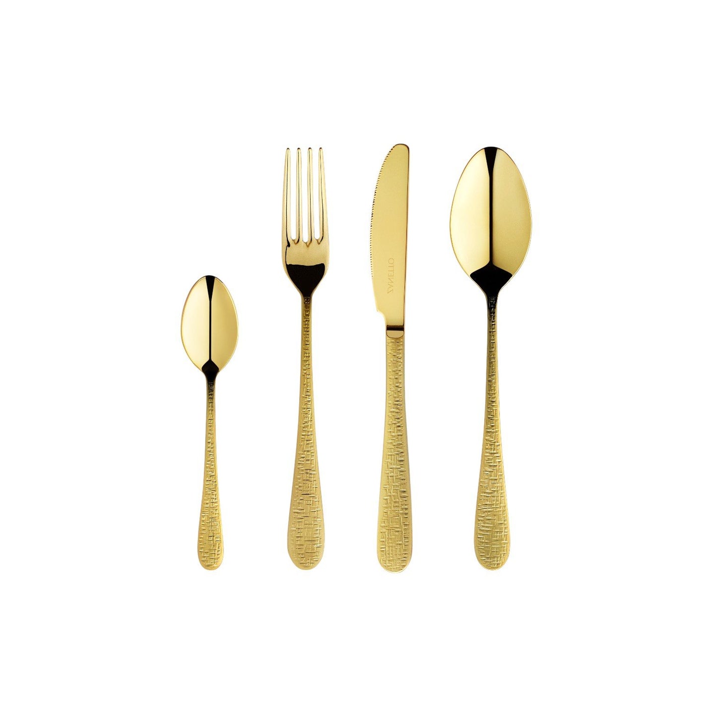 Zanetto Fuoco | Dinner Set: Fine stainless steel with Intreccio hammered texture and shiny PVD finish, ideal for everyday dining with refined character; includes fork, spoon, knife, and teaspoon | Tableware & Serveware / Other Accessories | 2Jour Concierge, your luxury lifestyle shop