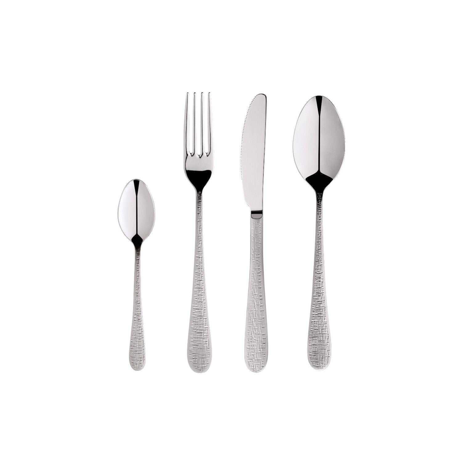 Zanetto Fuoco | Dinner Set: Fine stainless steel with Intreccio hammered texture and shiny PVD finish, ideal for everyday dining with refined character; includes fork, spoon, knife, and teaspoon | Tableware & Serveware / Other Accessories | 2Jour Concierge, your luxury lifestyle shop