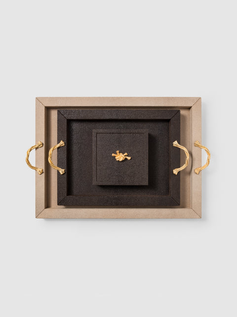 Thalia Tray by Pinetti | Wood base covered in leather | Metal handles with chrome or 24k gold finishing | Home Decor Serveware | 2Jour Concierge, your luxury lifestyle shop