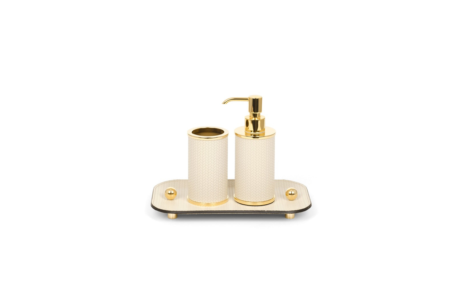 Olimpia Leather Covered Bathroom Set by Pinetti | Made in brass with shiny gold, burnished, or chromed finish | Consists of items available separately: soap dispenser, toothbrush holder, small box, large box | Home Decor Bathroom Accessories | 2Jour Concierge, your luxury lifestyle shop