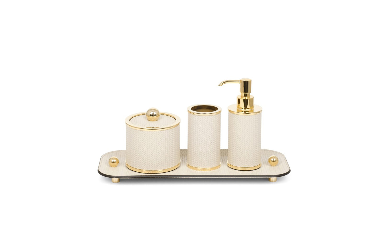 Olimpia Leather Covered Bathroom Set by Pinetti | Made in brass with shiny gold, burnished, or chromed finish | Consists of items available separately: soap dispenser, toothbrush holder, small box, large box | Home Decor Bathroom Accessories | 2Jour Concierge, your luxury lifestyle shop