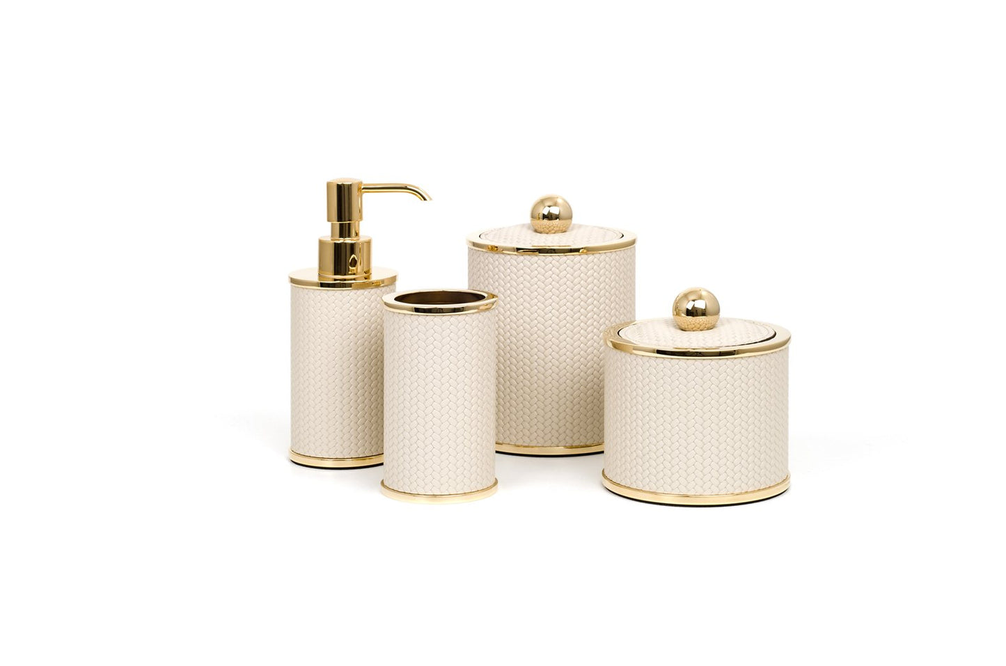 Olimpia Leather Covered Bathroom Set by Pinetti | Made in brass with shiny gold, burnished, or chromed finish | Consists of items available separately: soap dispenser, toothbrush holder, small box, large box | Home Decor Bathroom Accessories | 2Jour Concierge, your luxury lifestyle shop