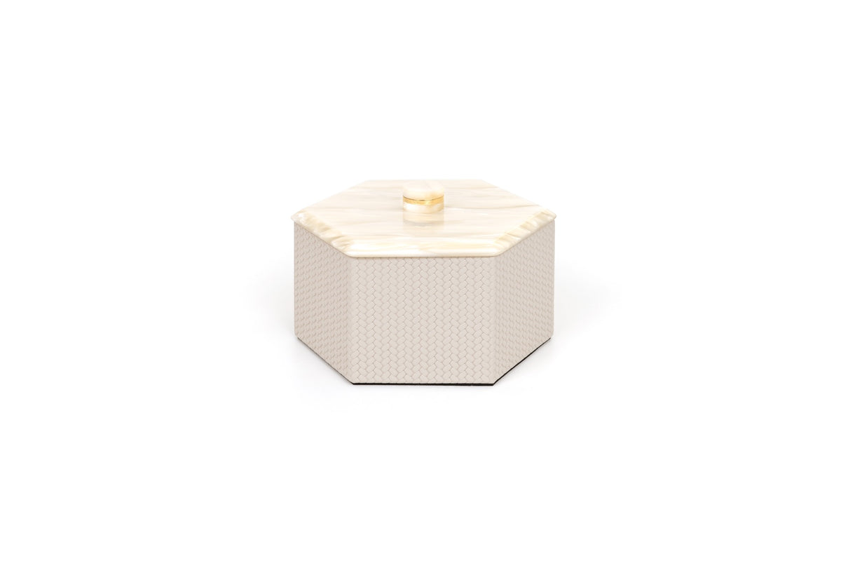 Kelly Leather Trinket Box, Exhagonal with Resin Mother-of-pearl Lid