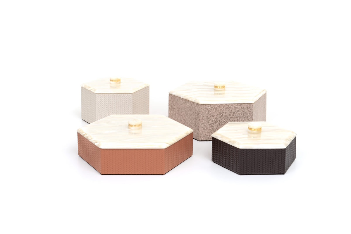 Kelly Leather Trinket Box, Exhagonal with Resin Mother-of-pearl Lid