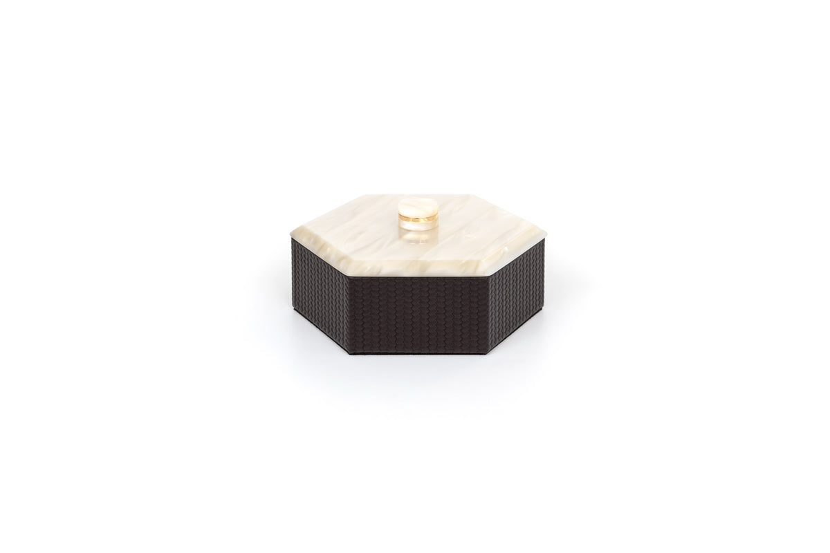 Kelly Leather Trinket Box, Exhagonal with Resin Mother-of-pearl Lid